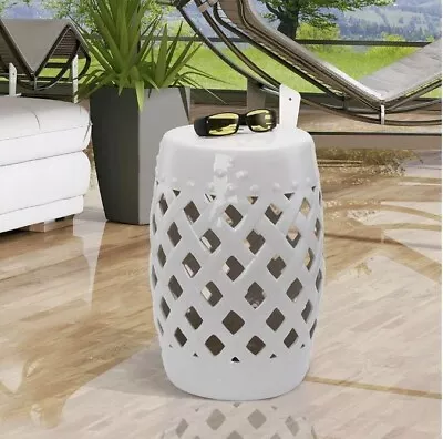 White Ceramic Indoor Outdoor Lattice Garden Stool Sturdy Durable Patio Bar Cheap • $78.37