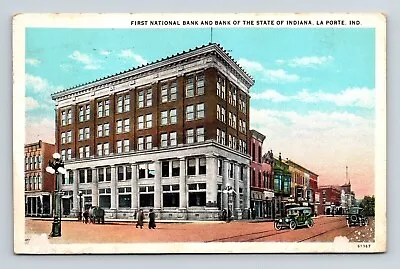 La Porte Indiana First National Bank Of Indiana WB Cancel WOB Postcard • $2.75