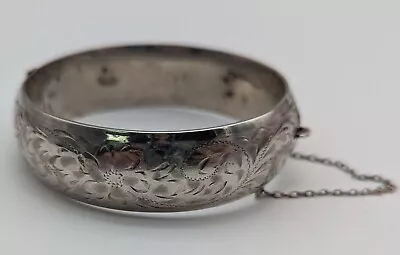 Vintage Wide Sterling Silver Floral Carved Hinged Bangle Bracelet • $19.99