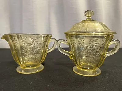 ORIGINAL Vintage Federal Amber Madrid Depression Glass Cream & Sugar Bowl W. Lid • $24