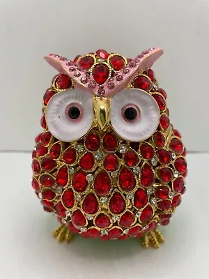 Red Owl Hand Painted Bejeweled Hinged Trinket Jewelry Box • $28