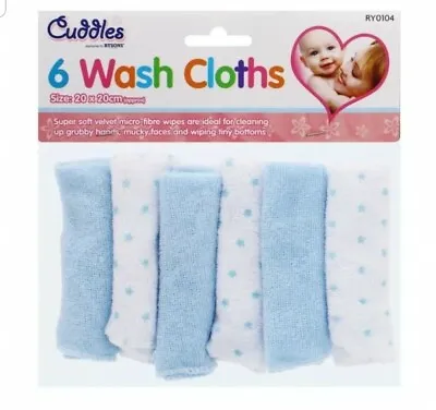 Pack Of 6 BLUE Soft Baby Face Wash Cloths Towel Flannel Machine Wash 0 Months + • £3.79