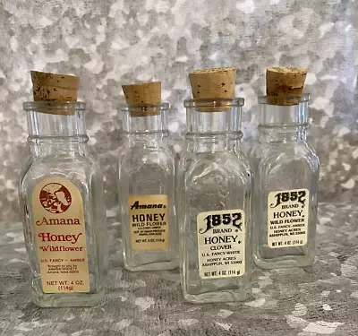 Lot Of 4 - Glass 4oz Honey Bottles With Corks - 1852 Brand And Amana Honey • $7.76