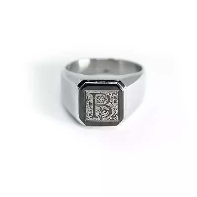 Stainless Steel Floral Monogram Letter B Mens Square Biker Flat Top Signet Ring • $14.50