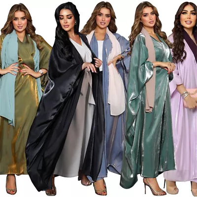 Satin Abaya Women Muslim Hijab Dress Scarf Kaftan Dubai Kaftan Robe Caftan Gown • £23.93