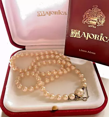 Vtg Majorica Spain Hand Knotted Pearl Necklace 925 Silver Gold Wash Clasp 24  • $65.08