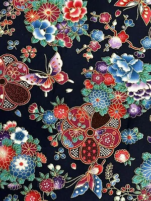 Japanese Navy Floral Metallic 100% Cotton 150cm Wide Sold By Continuous Meters • £12.99