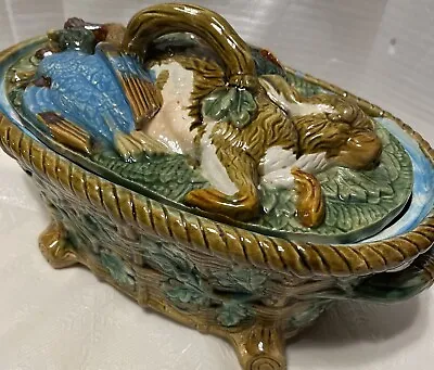 Vintage Majolica Minton Style Tureen With Hare Game Birds Foliage Basket Weave • $250