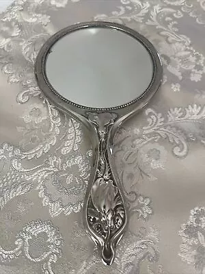 Vintage Round Hand Held Vanity Silver Plate Mirror Heavy Ornate Floral • $29.95