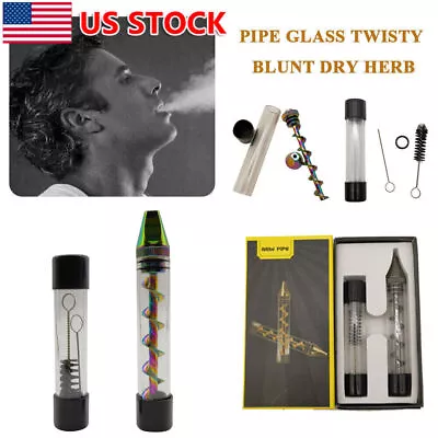 Glass Mini Tube Twisty Blunt Smoking Pipe Blunt Metal Tip W/ Cleaning Brush NEW • $10.99