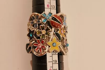 VTG Ladybug Flower Bug Enamel Rhinestone Multi-Color Silver Color Ring~size 7.75 • $27.95