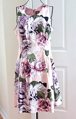 Vince Camuto Floral Cocktail Midi Dress A-line Cotton Lined Sleeveless Size 8 • $32.95