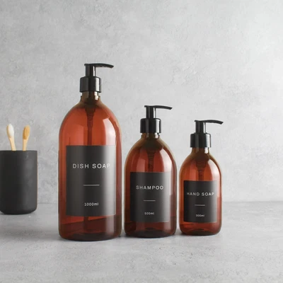 £9.99 • Buy Amber Plastic Labelled Bottle With Black Dispenser Pump For Soap/Shower/Shampoo