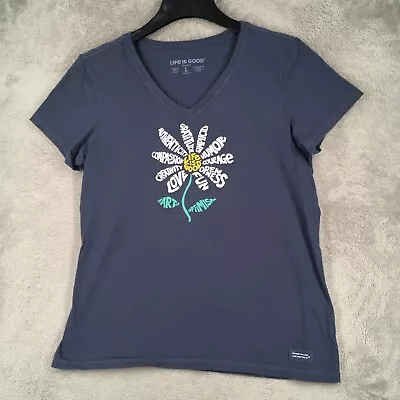 Life Is Good Crusher T Shirt Women Large Blue Short Sleeve V Neck Flower Graphic • £9.49