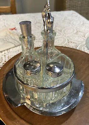 Vintage Castor Condiment Set With Caddy Glass Chrome • $26.99