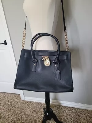 Michael Kors Hamilton Black Saffiano Leather Large Satchel Handbag Purse Lock • $50