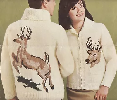 Mary Maxim Adult's Deer Motif Zip-front Cardigan Jacket Knitting Pattern • $3.66