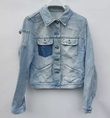 Fake London Genius Blue Distressed Denim Jacket Size Medium Womens Mod • £44.99