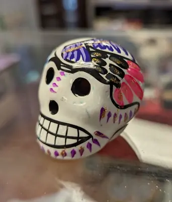 Day Of Dead Ceramic Painted Skull Mexico Black  White Bird Design 2in Sugarskull • $15.95