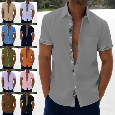 Mens Short Sleeve Color Block Dress Shirt Casual Button-down Pocket Lapel Tops • £10.99