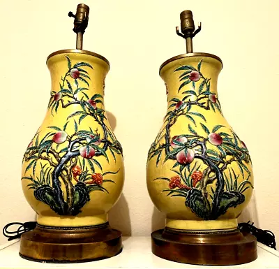 Antique Vintage Pair Of Ceramic Chinoiserle Table Lamps Chinese Famille Jaune • $250