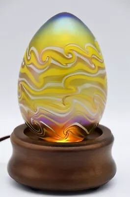 1976 Signed Vandermark Art Glass Egg Golden Iridescent With Lighted Wood Stand • $149.99