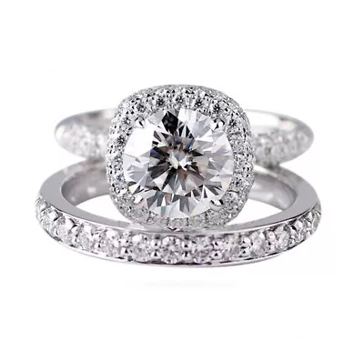 2.20Ct Round Cut Moissanite Halo Bridal Set Engagement Ring Solid 14K White Gold • $238.76