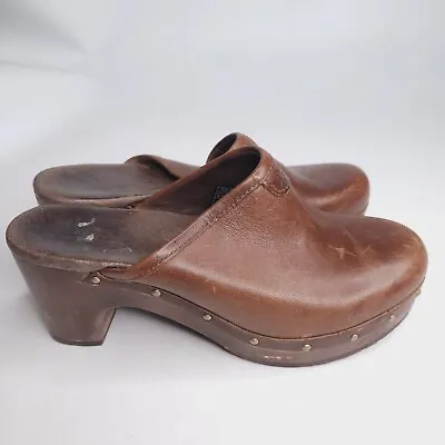 UGG Womens Size 6 Brown Leather Australia Abbie Slip On 3  High Heel Mule Shoes • $19.95