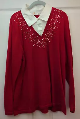 Quacker Factory Top Large Red Long Sleeve Shirt Pearl Embellishment Collar • $12.09