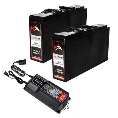 KickAss 12V 170Ah Deep Cycle AGM Battery Twin Pack With 22Amp Charger & Cables • $754.95