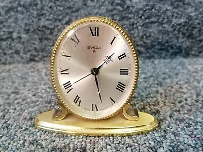 Vintage Swiza 8 Day Swiss Made Miniature Brass Mantle Alarm Clock • $86.39