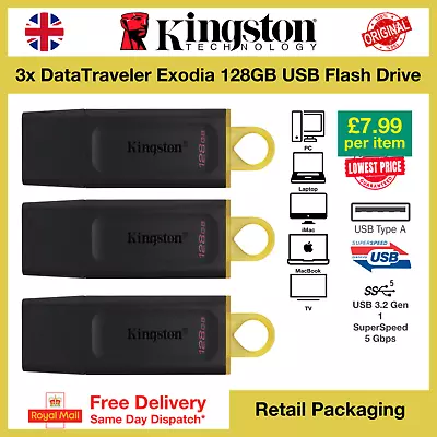 3x Kingston DataTraveler Exodia 128GB USB 3.2 Memory Stick DTX/128GB FREE DELI • £23.97