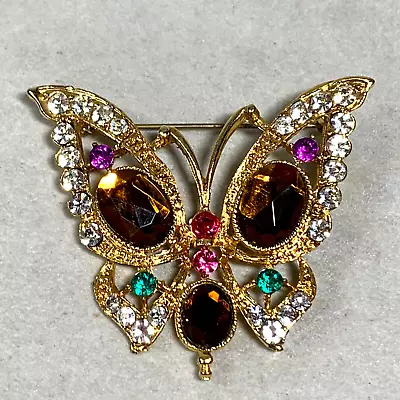 Vintage  Butterfly Brooch Gold Tone Multicolor Rhinestone  Pin • $10