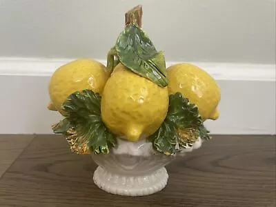 Vtg Majolica Lemons In Bowl Ceramic Decor MCM Made In  Italy Chips 5” • $70