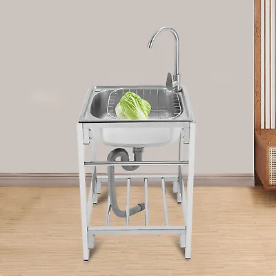 Utility Sink Free Standing Single Bowl Kitchen Bathroom Sink With Faucet & Rack • $110