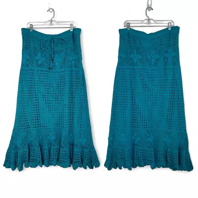 Studio EY Crochet Drawstring Mermaid Teal Maxi Skirt Size XL Boho • $45