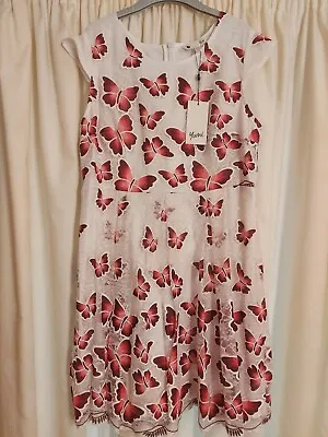 YUMI White Cream Pink Red BUTTERFLY PRINT DRESS SIZE 16 New With Tag Ladies • £22.99