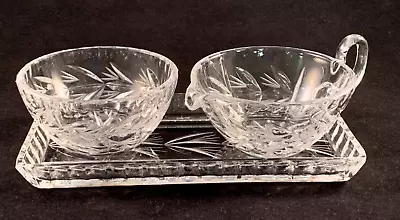 Vintage Cut Glass Sugar Bowl Creamer & Tray Set - Leaf Design • $16.99