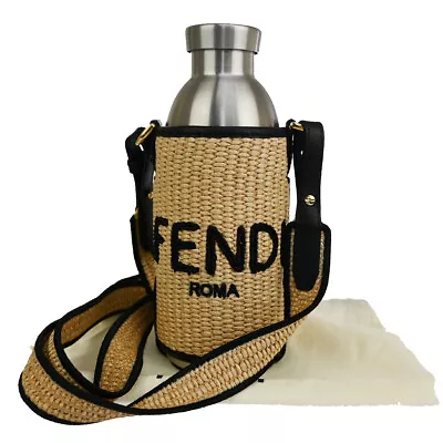 FENDI Logo Bottle Holder Set Raffia Leather Stainless Steel Beige SHW 85RJ589 • $388
