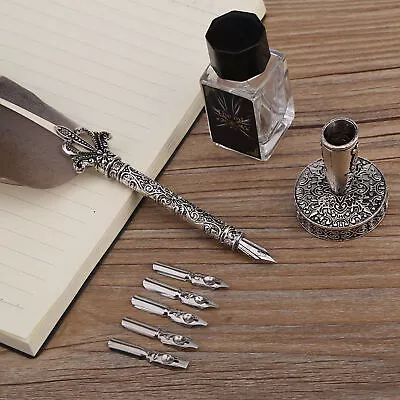 (black)Quill Pen Antique Calligraphy Feather Quill And Ink Set For • £10.19