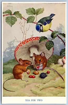 Postcard Tea For Two Mice Eating Under Mushroom Artist Noel Hopkins Medici P7Q • $8.99