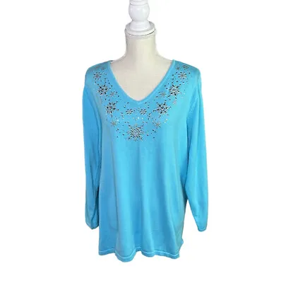 Quacker Factory Womens Rhinestone Snowflake Top Long Sleeve Turquoise Size 1X • $19.79