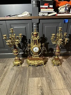 Vintage Imperial Mantel Clock And 2 Candelabras. Rare Red Marble And Brass • $1140