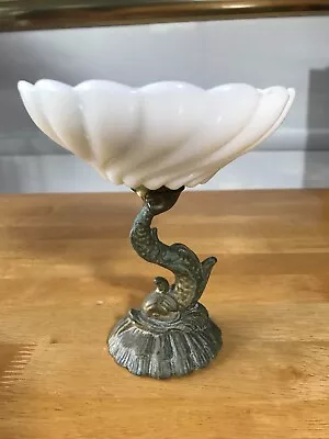 Vintage White Glass Cast Metal Brass? Fish Koi Pedestal Candy Dish Bowl Compote • $14.99