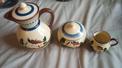 Motto Ware Pitcher Gravy Bowl And Little Pitcher Devon England Redware  • $28