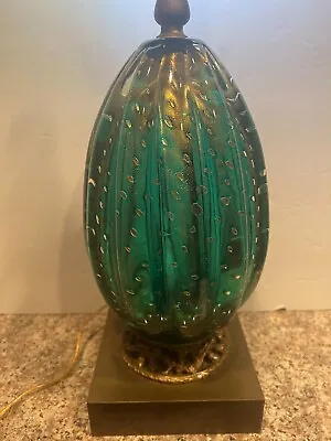 MURANO GREEN GLASS Lamp W/ Gold Flakes & Bubbles Venice Italy • $555