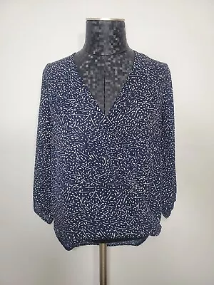 Veronica M. Sz Small Navy  White Abstract Print 3/4 Sleeve Faux Wrap Woven Top  • $15.99