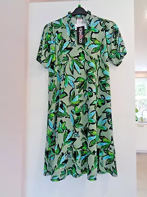 Kim & Co QVC Printed Brazil Jersey Short Sleeve Frilled Dress  M Green BNWT • £22.99