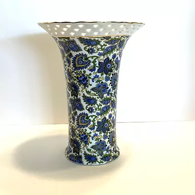 Baum Bros. Formalities Blue Paisley Chintz Floral Flower Vase Gold Trim 10  Tall • $35.96