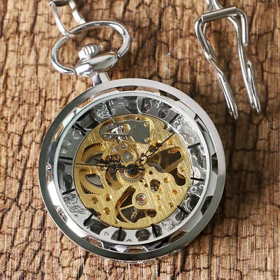 Mens Skeleton Pocket Watch Mechanical Silver Wind Up Fob Watch With Chain Luxury • $19.99